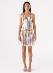 Ellie Linen Halterneck Vest Top - Brown Stripe