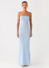 Sassafras Beaded Flower Strapless Maxi Dress - Blue