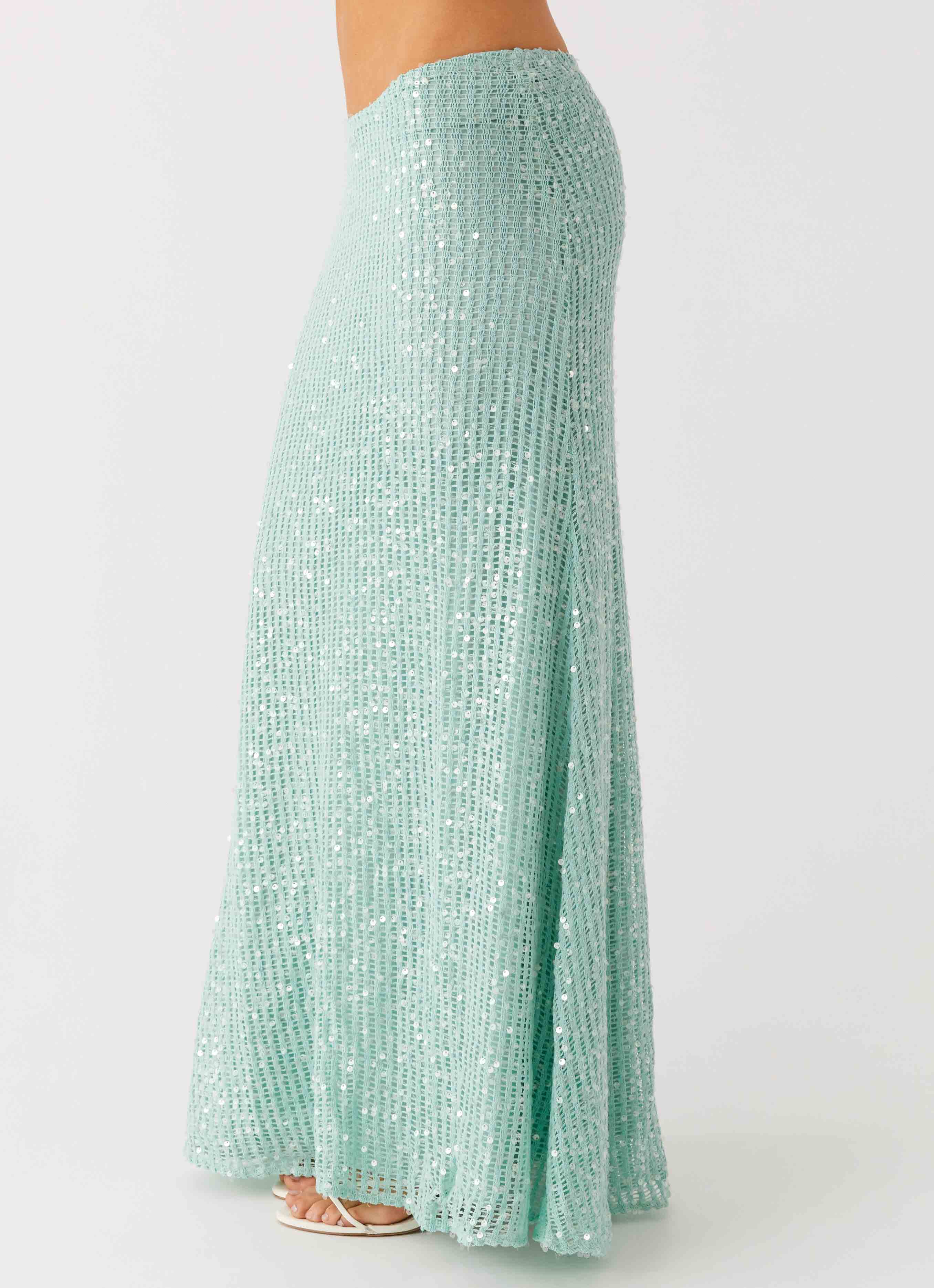 Amoura Sequin Low Rise Maxi Skirt - Mint Sage