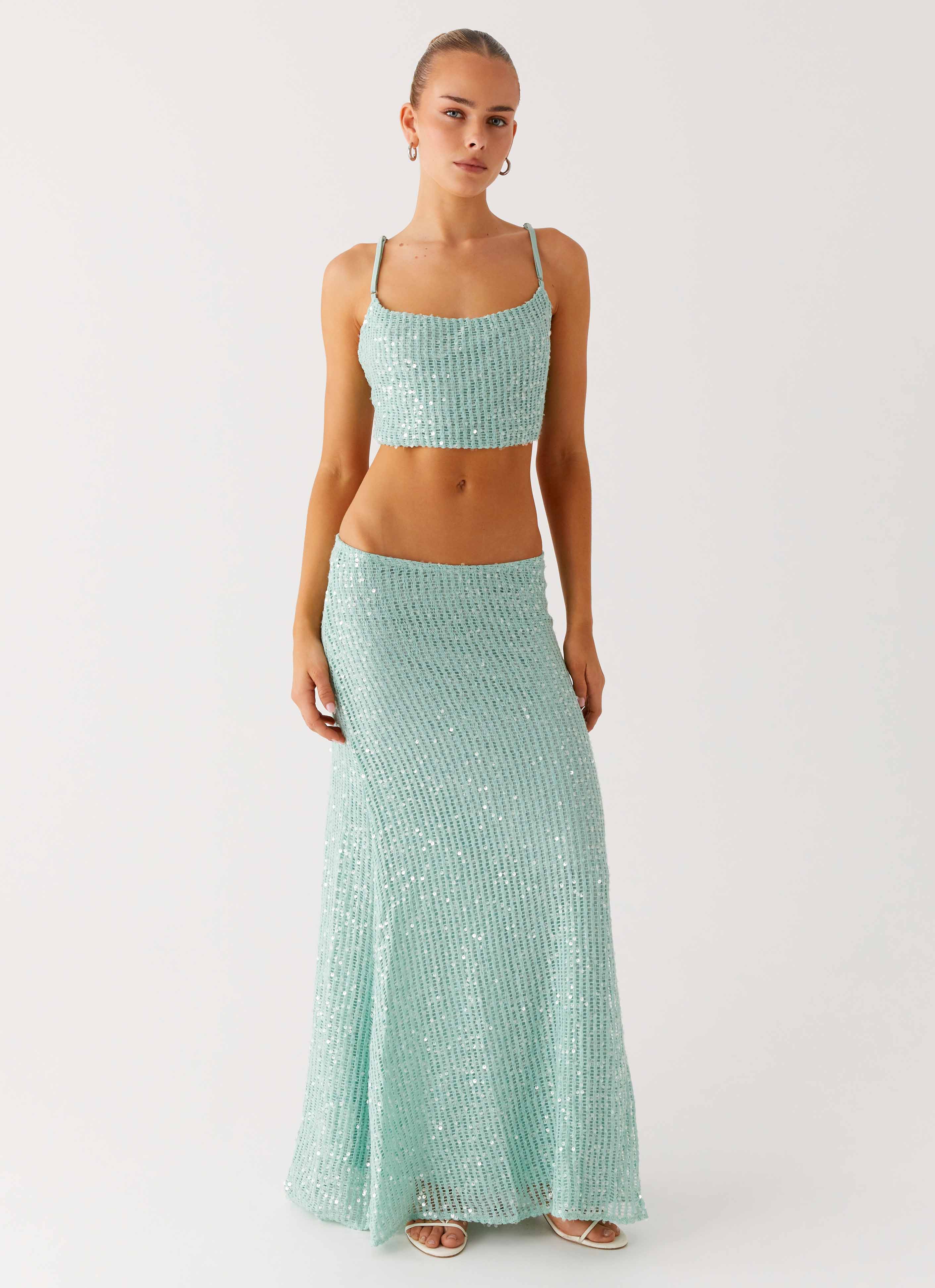 Amoura Sequin Low Rise Maxi Skirt - Mint Sage