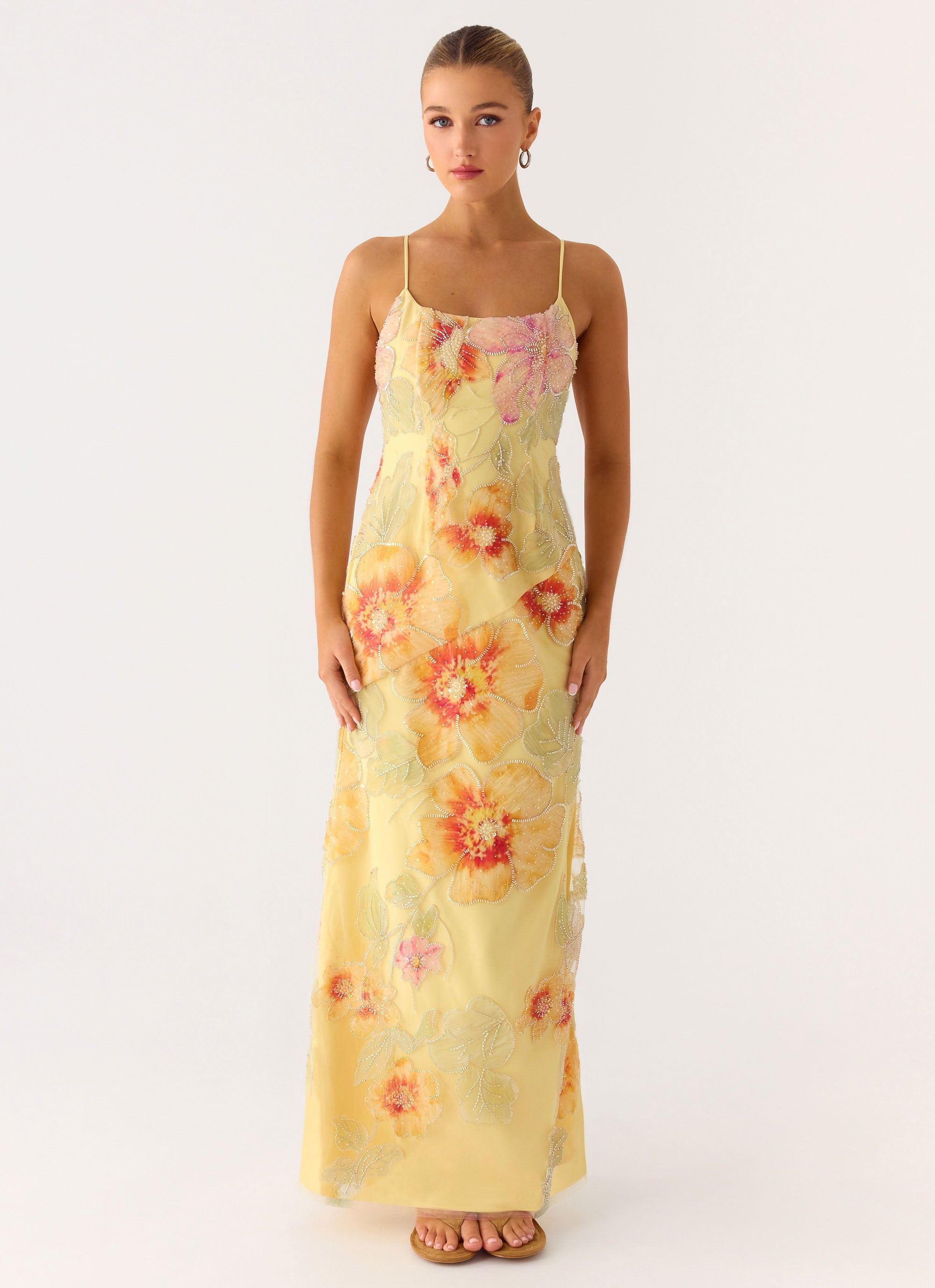 Morning Light Beaded Maxi Dress - Yellow Floral Beaded