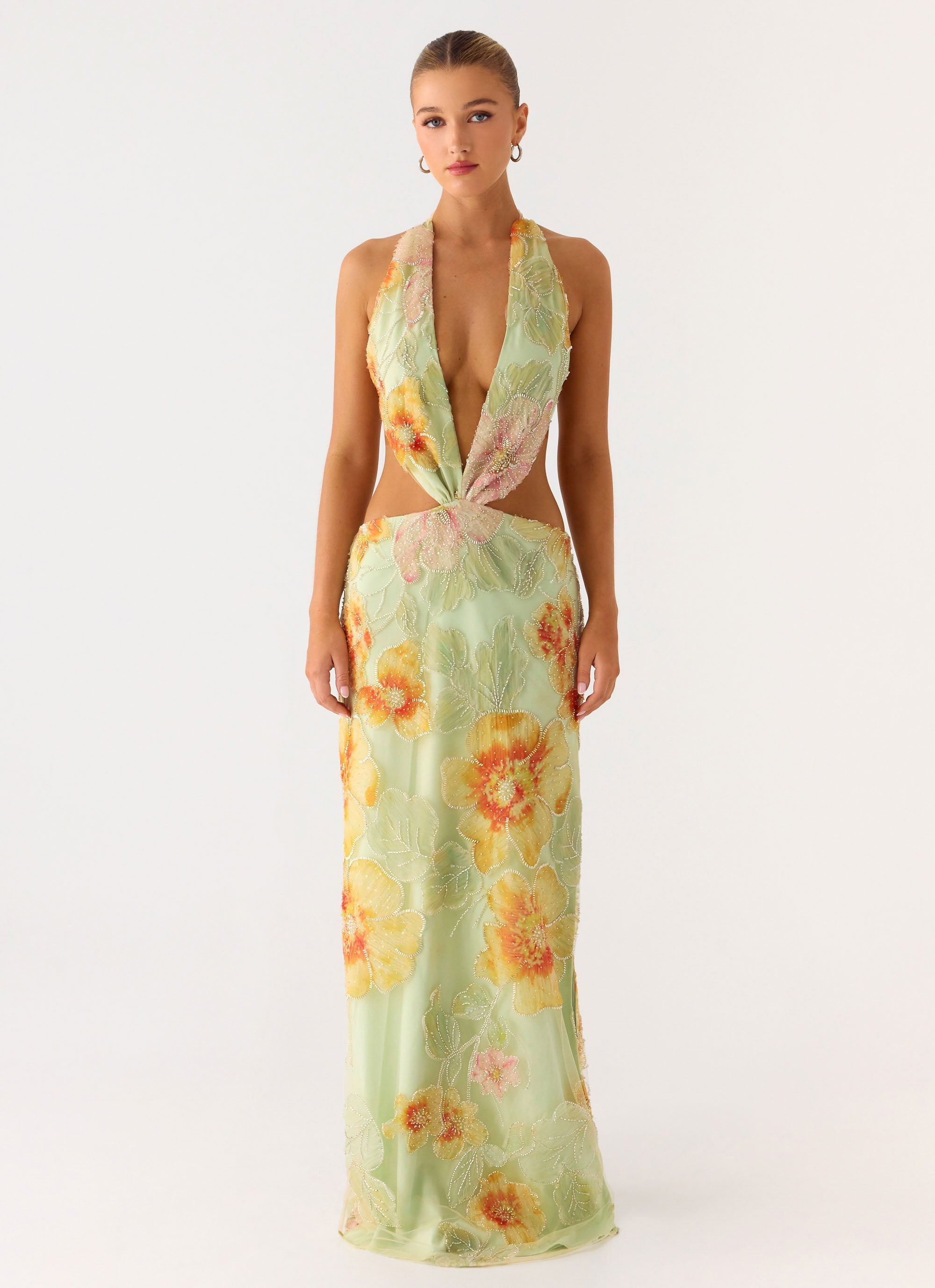 Really Something Beaded Maxi Dress - Green Floral Beaded